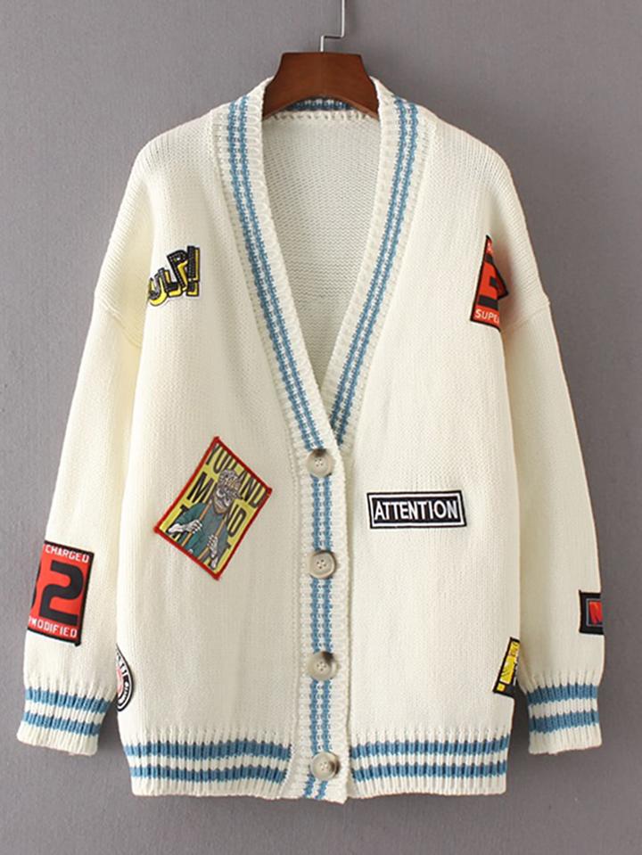 Shein Drop Shoulder Seam Patch Embroidery Cardigan