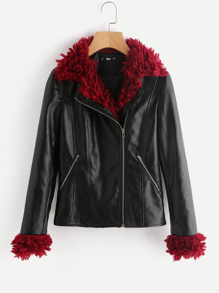 Shein Contrast Faux Fur Trim Moto Jacket