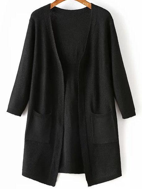 Shein Black Portrait Print Pocket Longline Cardigan