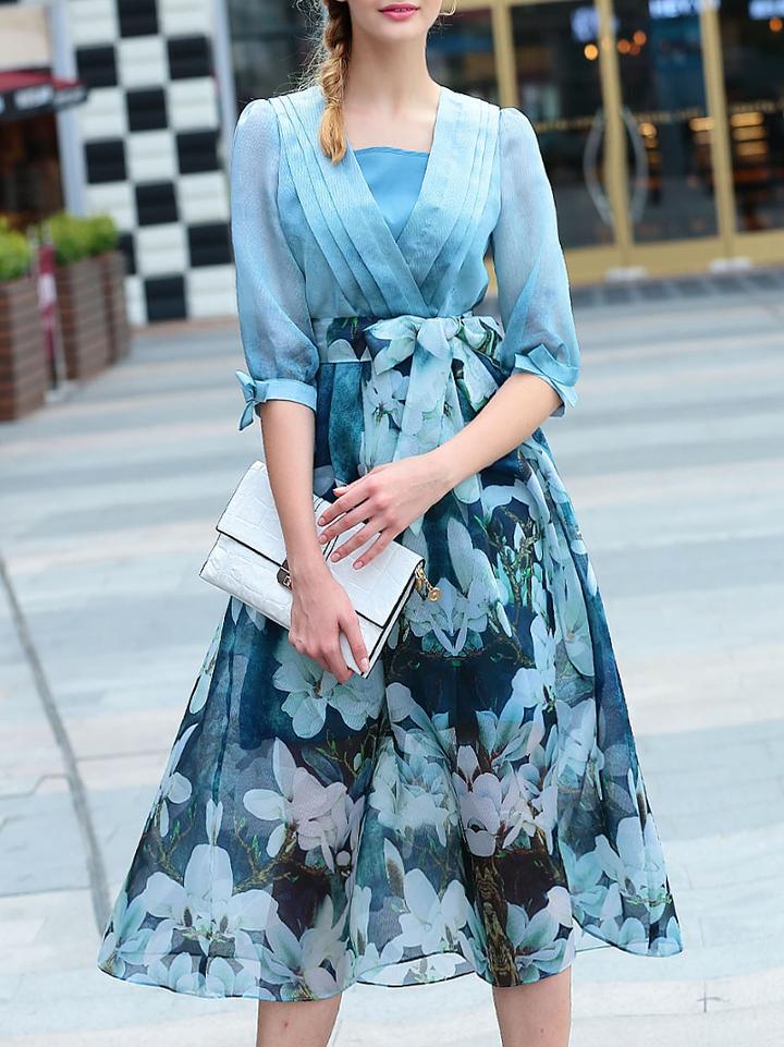 Shein Blue Bowtie Print Organza Dress