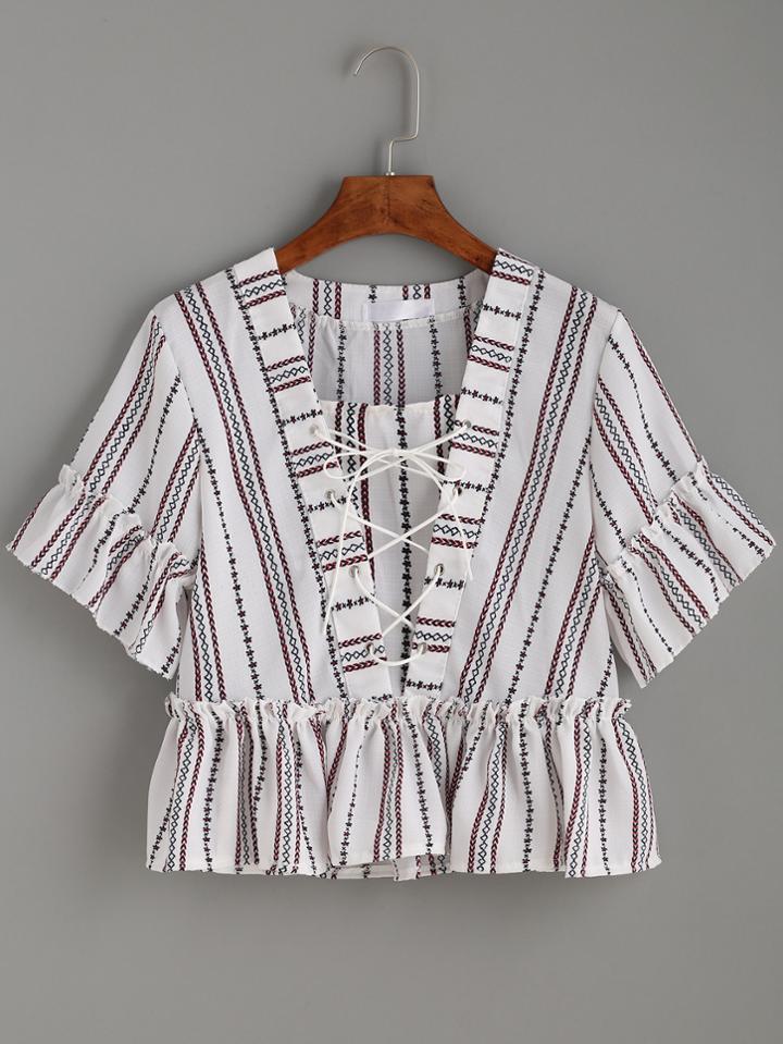 Shein Striped Print Lace Up Frill Top