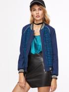 Shein Blue Crochet Overlay Striped Trim Bomber Jacket