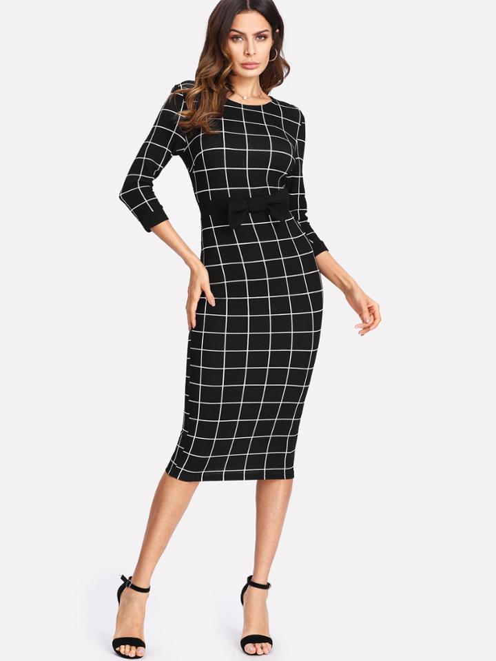 Shein Bow Embellished Waist Gingham Dress