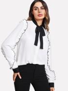 Shein Contrast Tied Neck Frilled Embellishing Sleeve Shirt