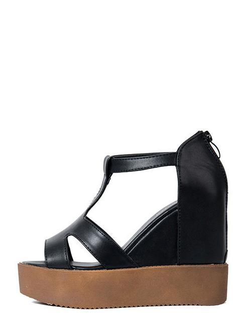 Shein Black Peep Toe T-strap Zipper Wedge Sandals