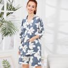 Shein Flower Print Wrap Top & Shorts Pj Set With Eye Mask