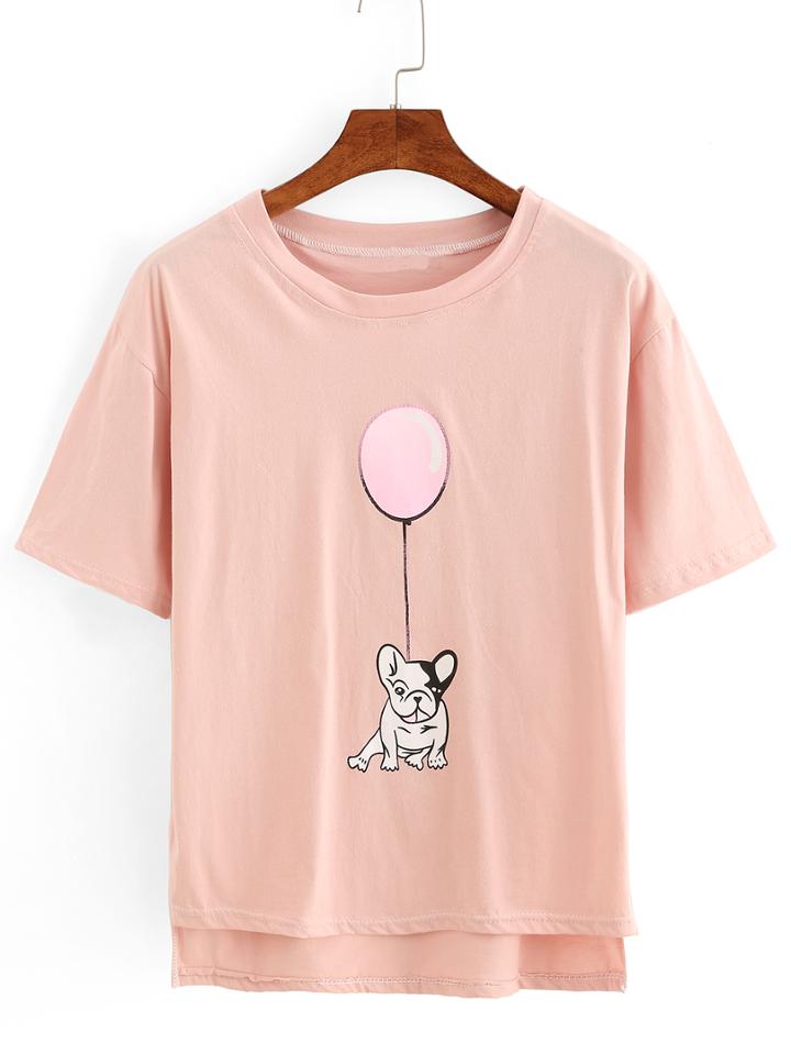 Shein Dog With Ballon Print High-low T-shirt