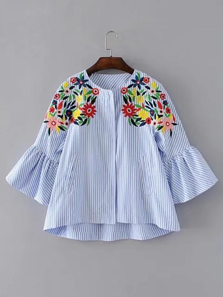 Shein Bell Sleeve Flower Embroidery Top