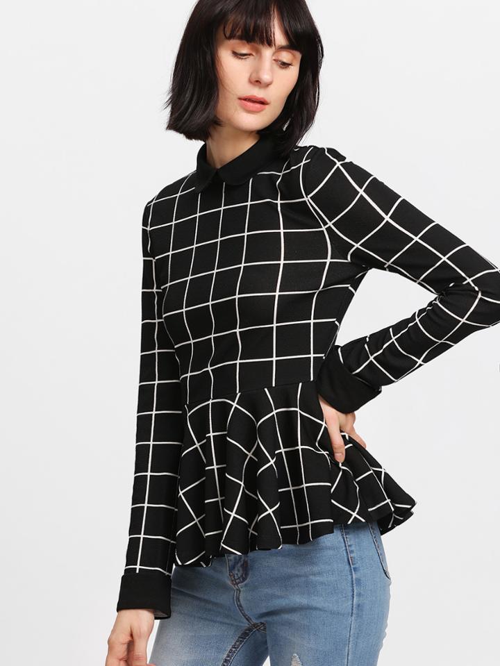 Shein Contrast Collar Grid Peplum Top