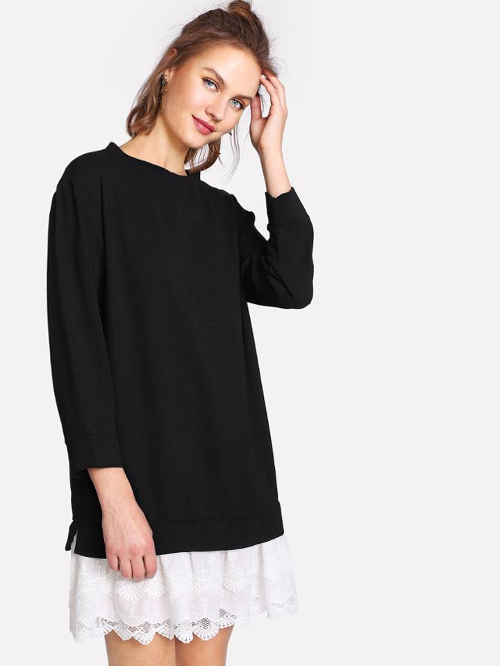 Shein Lace Insert Contrast Ruffle Hem Dress