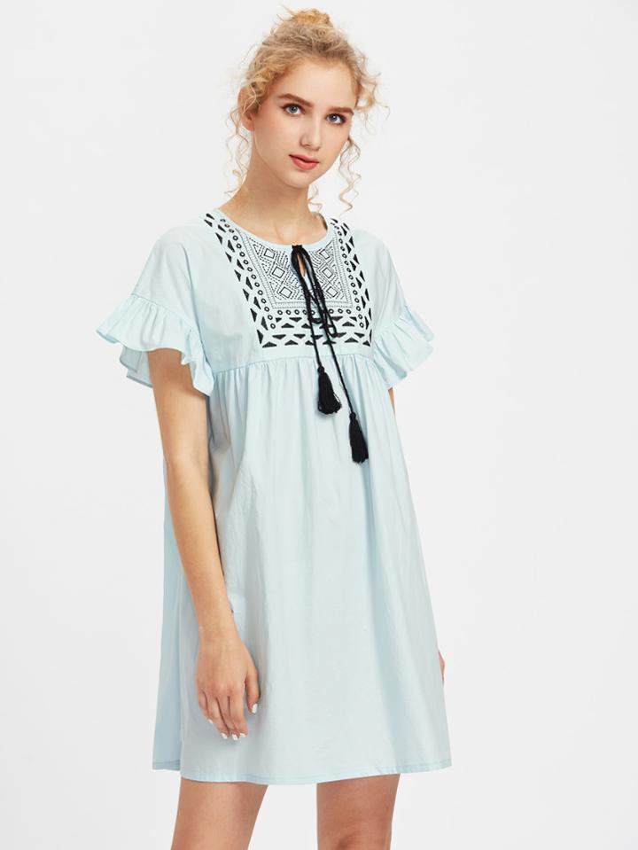 Shein Tassel Tie Embroidered Yoke Frilled Smock Dress