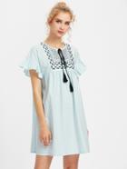 Shein Tassel Tie Embroidered Yoke Frilled Smock Dress