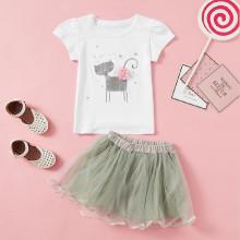Shein Girls Stereo Flowers Cat Print Tee With Skirt