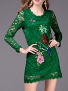 Shein Green Applique Pouf Beading Sequined Lace Dress