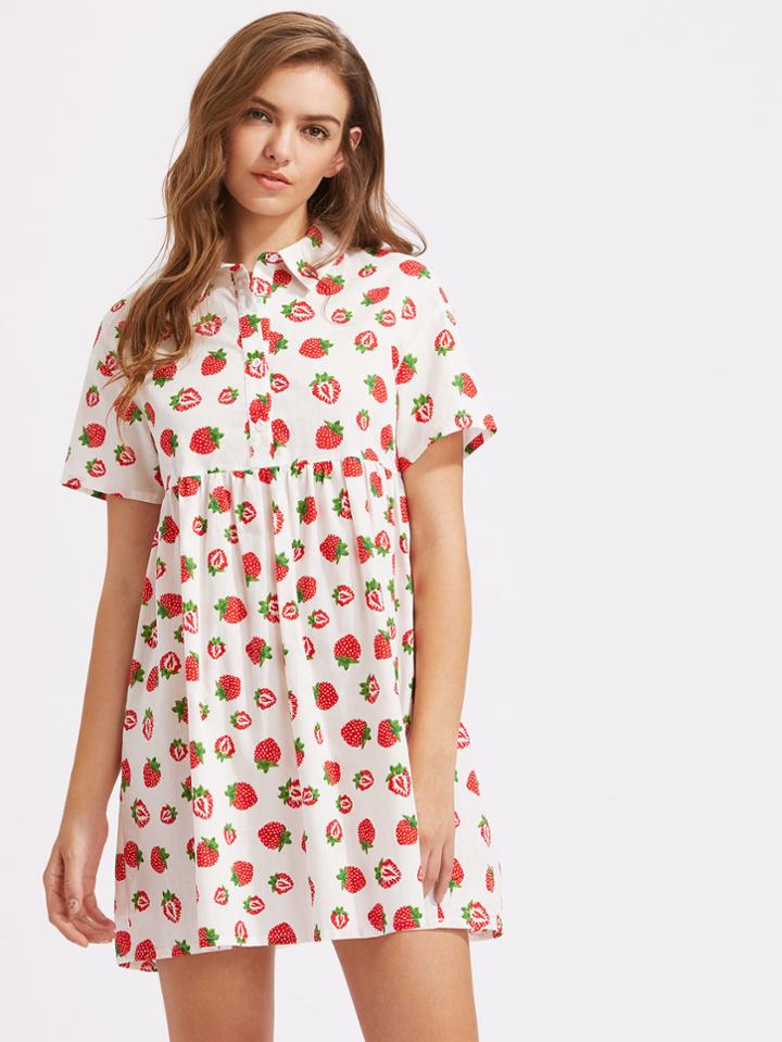Shein Allover Strawberry Print Half Placket Babydoll Dress