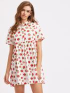 Shein Allover Strawberry Print Half Placket Babydoll Dress
