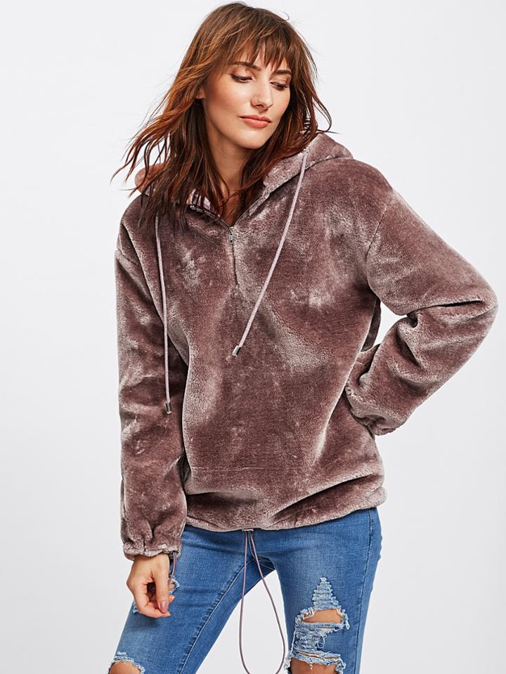 Shein Zip Front Drop Shoulder Faux Fur Hoodie