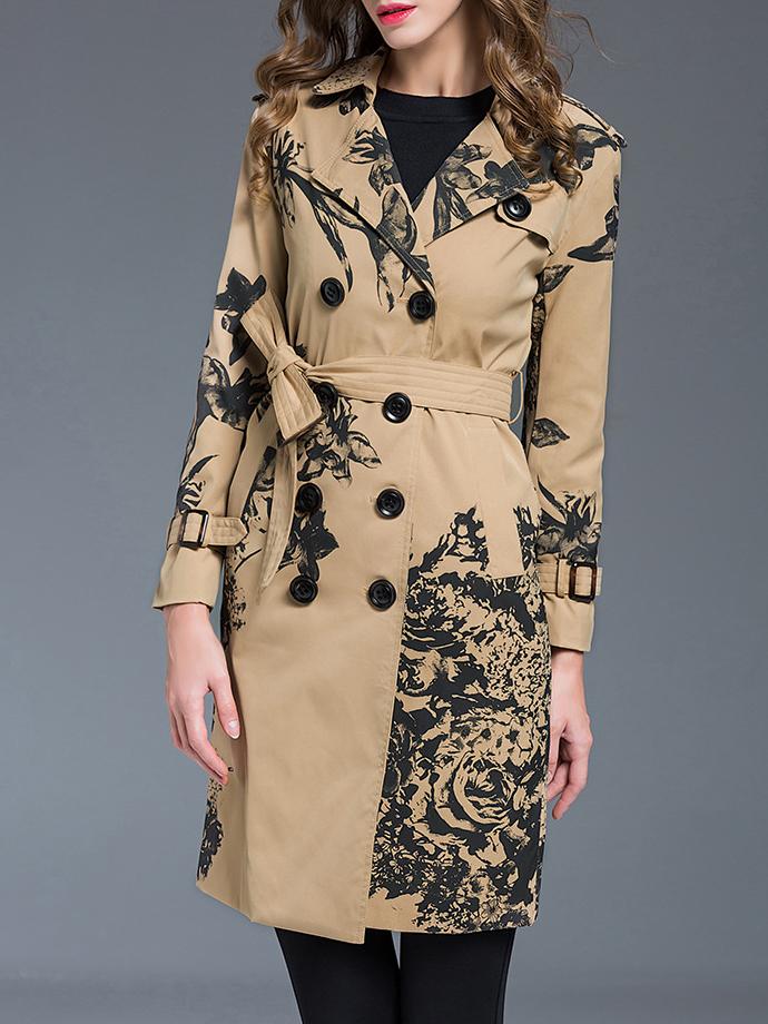 Shein Khaki Lapel Tie-waist Print Pockets Coat