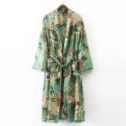 Shein Calico Print Contrast Piping Self Tie Longline Kimono