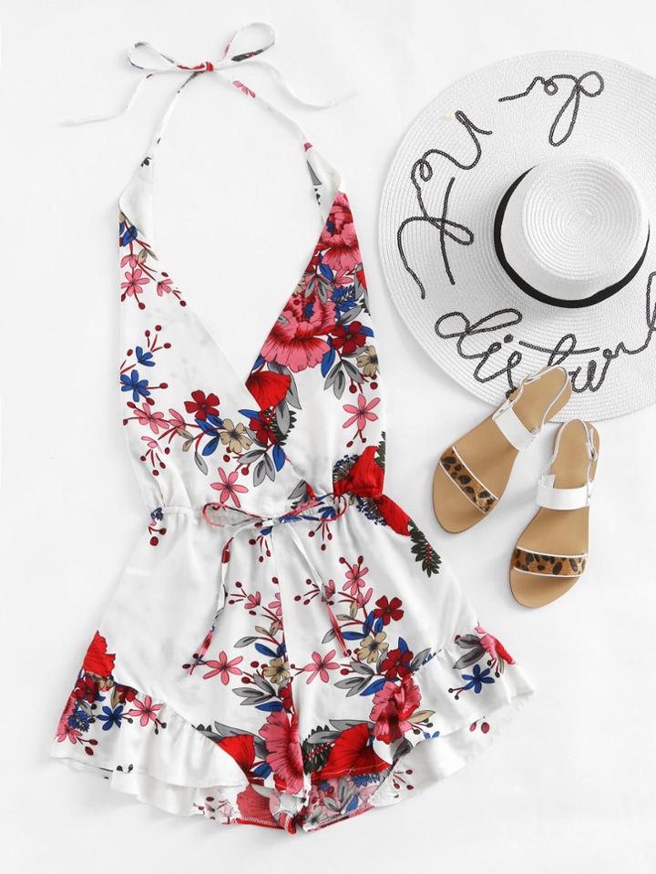 Shein Plunging V-neckline Surplice Florals Romper
