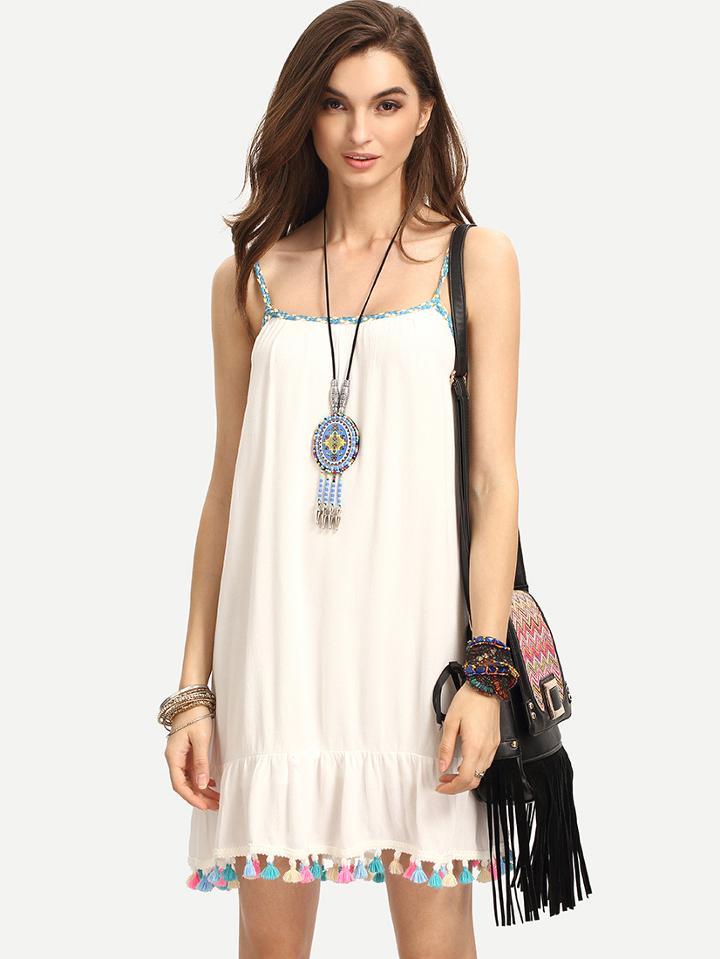 Shein Beige Spaghetti Strap Pom Pom Trim Shift Dress