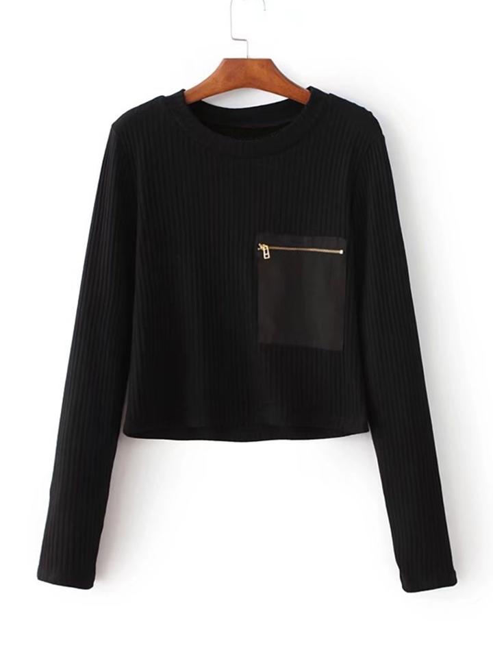 Shein Zipper Pocket Ribbed Trim Knitwear