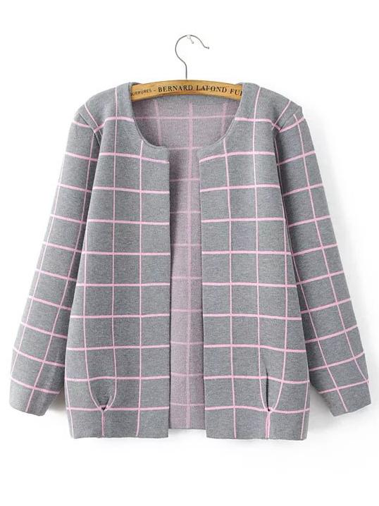 Shein Grey Grid Open Front Cardigan
