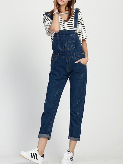 Shein Navy Strap Pockets Denim Jumpsuit