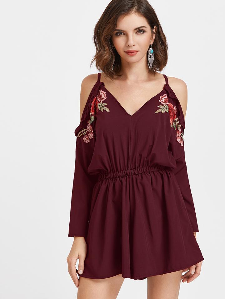 Shein Frill Trim Embroidered Appliques V Back Romper