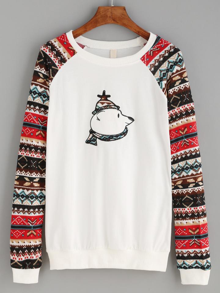 Shein White Bear Patch Tribal Raglan Sleeve Pullover Sweatshirt