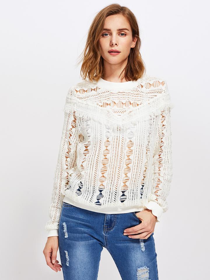 Shein Guipure Lace Fringe Detail Sweatshirt