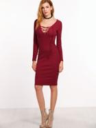 Shein Burgundy Deep V Neck Lace Up Pencil Dress
