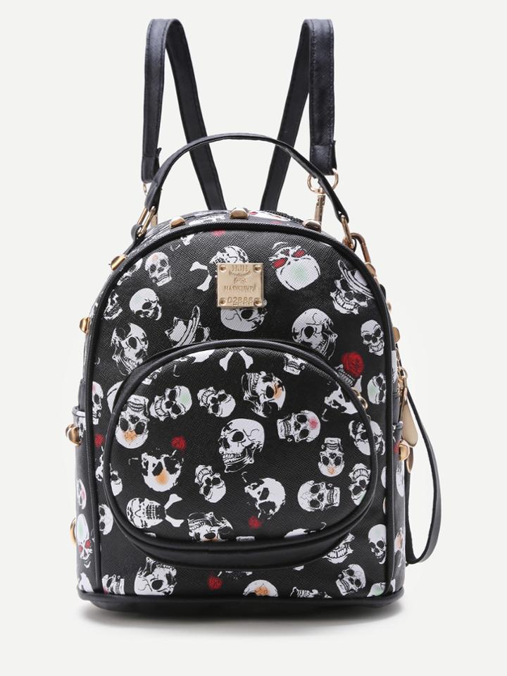Shein Black Skeleton Print Front Pocket Pu Backpack