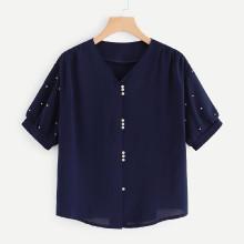 Shein V Neckline Pearl Beaded Blouse