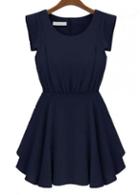 Rosewe Enchanting Round Neck Long Sleeve Navy A Line Dress