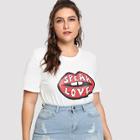 Shein Plus Letter And Red Lip Print Tee