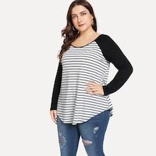 Shein Plus Raglan Sleeve Stripe Curved Hem Top