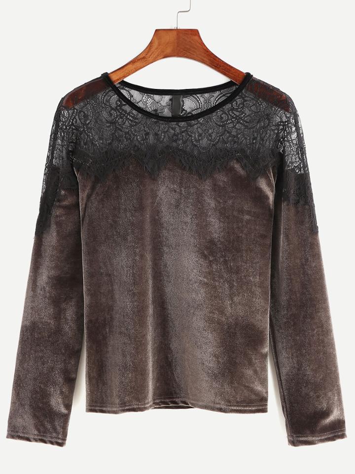 Shein Contrast Embroidered Lace Velvet T-shirt