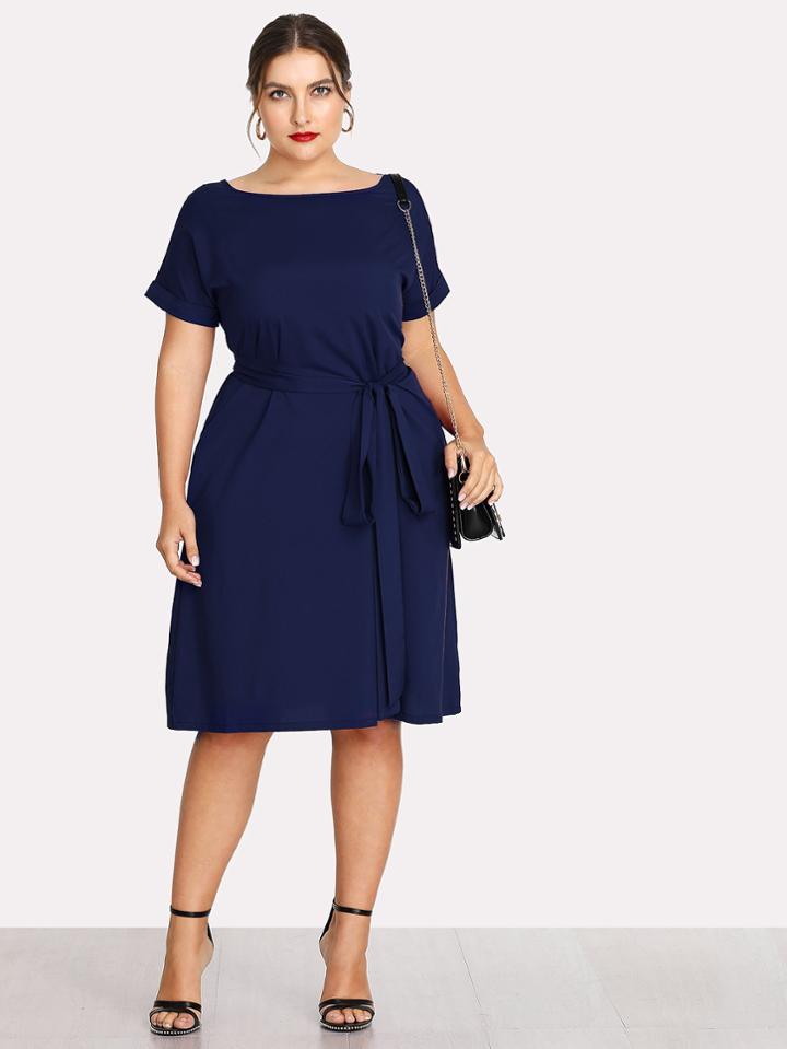 Shein Boat Neck Self Tie Waist Dress