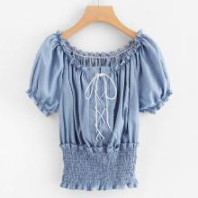 Shein Lace Up Crinkle Denim Blouse