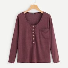 Shein Button Front Pocket Patched Tee
