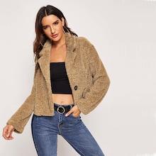 Shein Button Front Notch Neck Teddy Coat