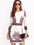 Shein White Vintage Print 3/4 Sleeve Bodycon Dress