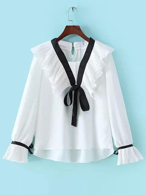 Shein White Bell Sleeve Lace Up Ruffle Blouse