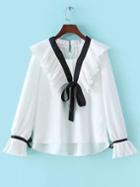 Shein White Bell Sleeve Lace Up Ruffle Blouse
