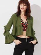 Shein Olive Green Open Elbow Bell Sleeve Open Front Babydoll Blouse