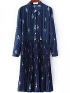 Shein Navy Stand Collar Dancer Print Pleated Dress