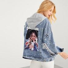 Shein Girl Pattern Ripped Faded Hooded Denim Jacket