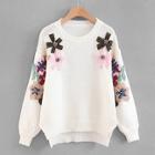 Shein Wool Flower & Beaded Slit Side Sweater