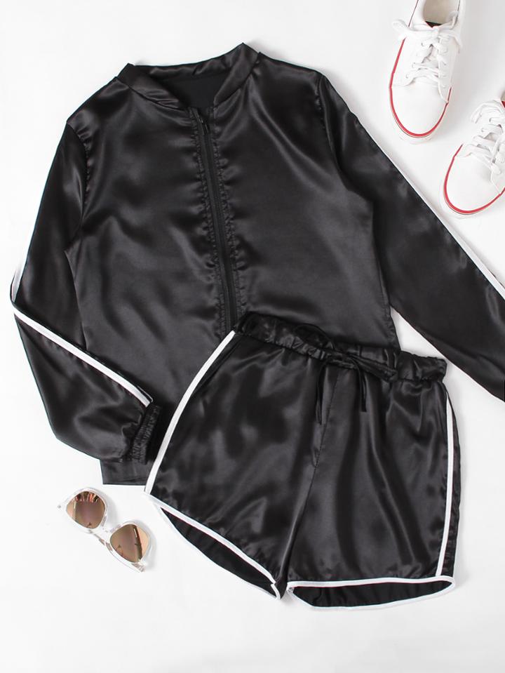 Shein Striped Sleeve Baseball Jacket With Ringer Shorts
